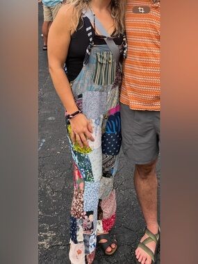 Patchwork Boho Hippie Overalls with Mixed Floral and Stripe Panels O/S